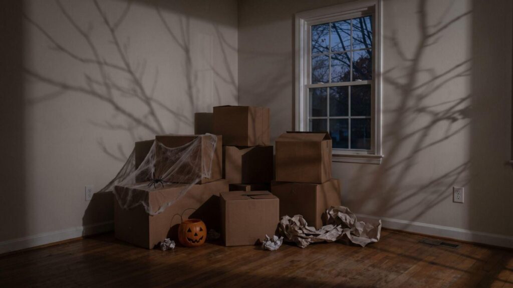 Dark room with moving boxes, cobwebs, and a jack-o-lantern ready to sell a house as-is