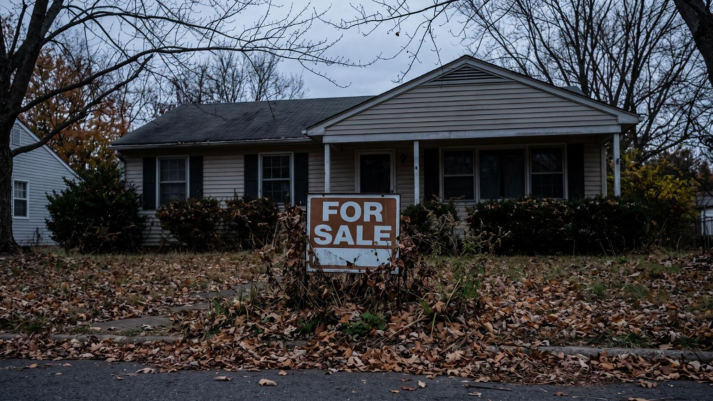 Spooky abandoned house with a for sale sign when selling your Virginia home in a slow market