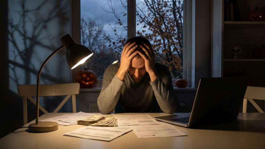 Stressed homeowner calculating bills and holding costs before calling a cash home buyer